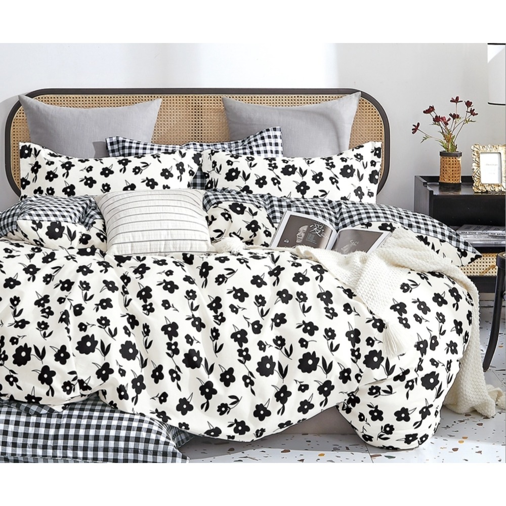 Hepburn Black/White Floral 100% Cotton Reversible Comforter Set King Farmhouse - Picture 2 of 2